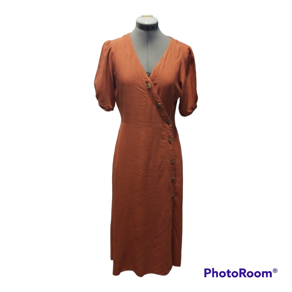 Moussy Size 1 (Small) Burnt Orange Asymmetrical Button Down Midi Length Dress